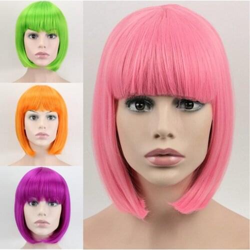 JOY&BEAUTY Synthetic 10inch Straight Short Bob Wigs Bangs Blue Golden Red Black White Purple Pink Green Cosplay Wig Femal