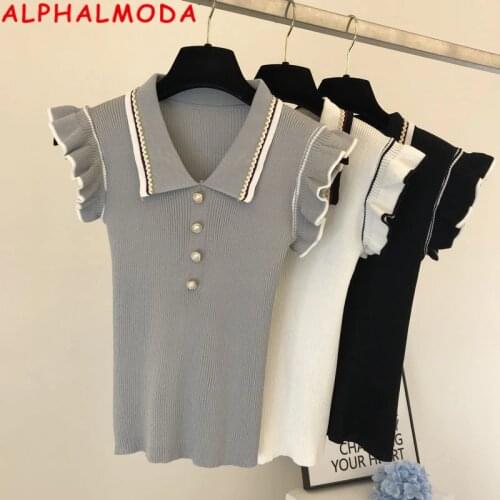 ALPHALMODA New Polo Collar Preppy Style Pullover Knitting Shirt Women Slim Fit Ruffled Short-sleeved Ladies Cute Summer Jumper