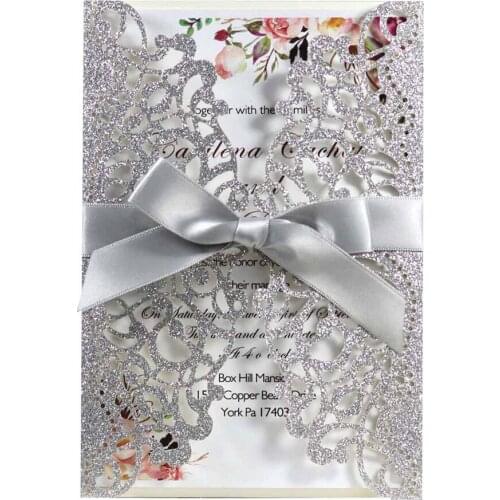 50pc Elegant Wedding Party Invitation Customized Printing Silver Glitter Quinceanera Invitations with Bow and Envelope