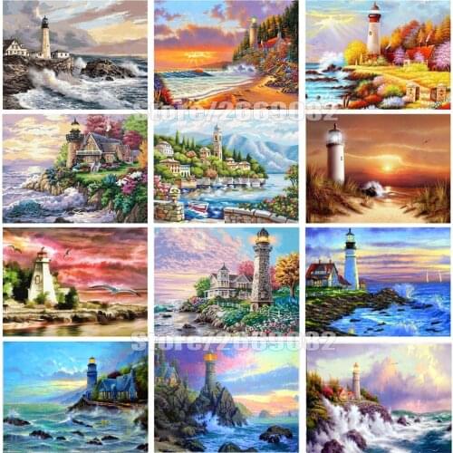 5D DIY Diamond Mosaic Lighthouse Landscape Diamond Painting Cross Stitch Landscape Embroidery Home Decoration TT1238