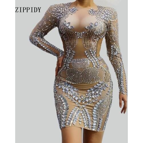 Shining Rhinestones Stretch Dress Womens Birthday Party Celebrate Crystals Dress Bar Nightclub Women Dance Dress YOUDU