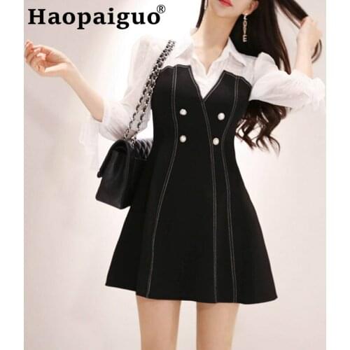 Plus Size 2019 Autumn Dress Women Patchwork Long Sleeve OL Work Office Dress Women Contrast Black Blazer Dress for Ladies Robe