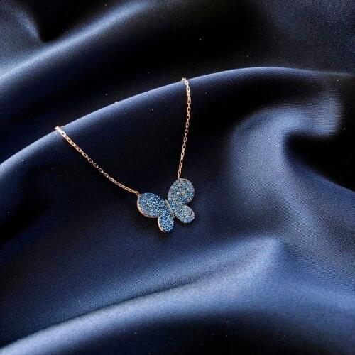 Blue Butterfly 925 Sterling Silver Necklace Women Girls Gift Jewelry Accessories Fashion Handmade Elegant Chain
