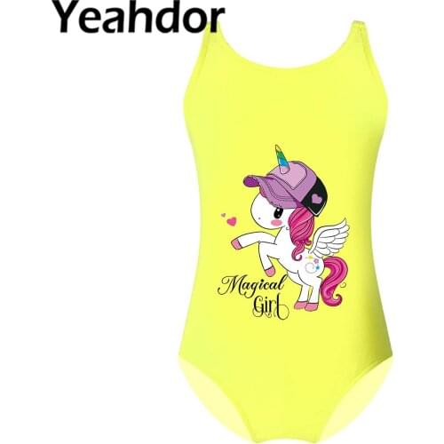 2021 Kids Girls One-piece Swimwear Adjustable Straps Cartoon Horse Print Jumpsuit Bodysuit Children Bathing Suit Swimming Outfit
