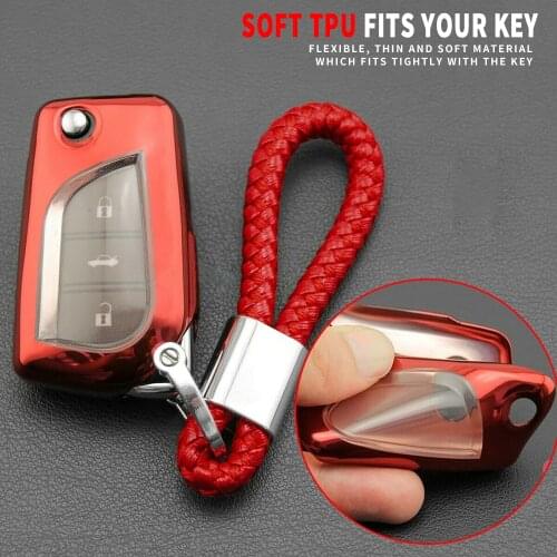 Mayitr 1pc Red TPU Flip Car Key Fob Cover Chain Ring Case Fit For Toyota Camry CHR RAV4 Corolla Hatchback Sedan DIY Accessories