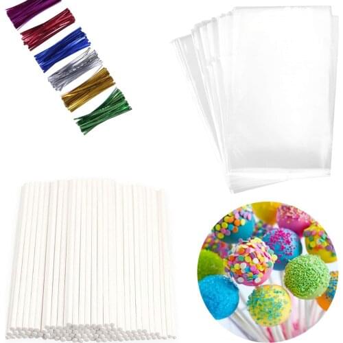 Lollipop Cake Pop Treat Bag Set Including 100pcs Parcel Bags 100pcs Papery Treat Sticks,100pcs Colorful Metallic Twist Tie