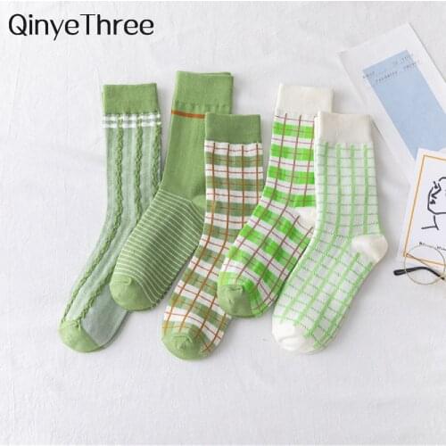 INS New Spring Summer Mori Girl Style Preppy Fresh Green Cotton Socks Japanese Korean Striped Plaid Prairie Tube Sokken Prairie