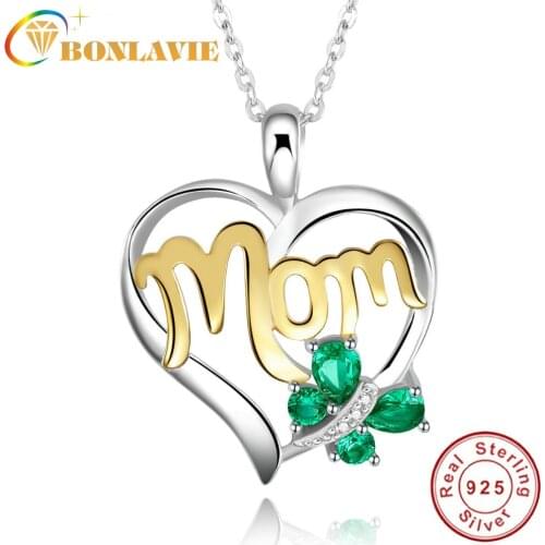 BONLAVIE Mom Necklace 925 Sterling Silver Emerald Butterfly Necklace Mothers Day Gift For Women Family Jewelry with Gift box