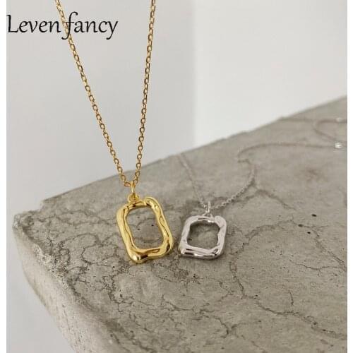 LEVEN FANCY 925 Sterling Silver Jewelry Irregular Rectangle Hollow Pendant Necklaces Gold Vermeil Necklace for Women Gift