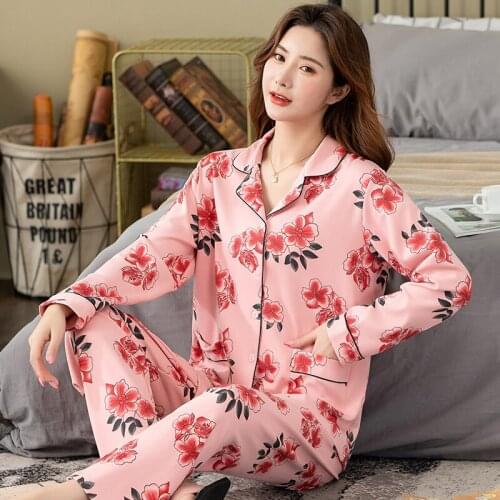 New Fashion Sleepwear Womens Cotton Pajamas Big Red Flower Long Sleeve Tops+Pants With Pockets Casual Cardigan Lounge Wear 4XL