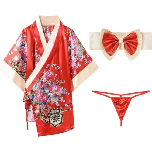 Women Thong Printed Fabric Pajama Set Sexy Lingerie Long Nightgown Erotic Underwear Japanese Ladies Kimono Robe Sleepwear Sex