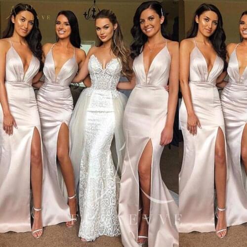 Sexy Ivory Elastic Satin Side Split Mermaid Bridesmaid Dress Spaghetti Straps Deep V-neck Wedding Party Dresses Plus Size