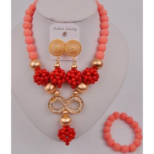 Latest Pink and Red African Wedding Beads Nigerian Coral Beads Jewelry Set 12-F-03