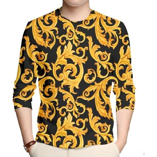 IFPD EU Size Long Sleeve Shirt Men Golden Flower Summer 3D Printed T-Shirt Homme Luxury Royal Baroque Mens Clothing Wholesale