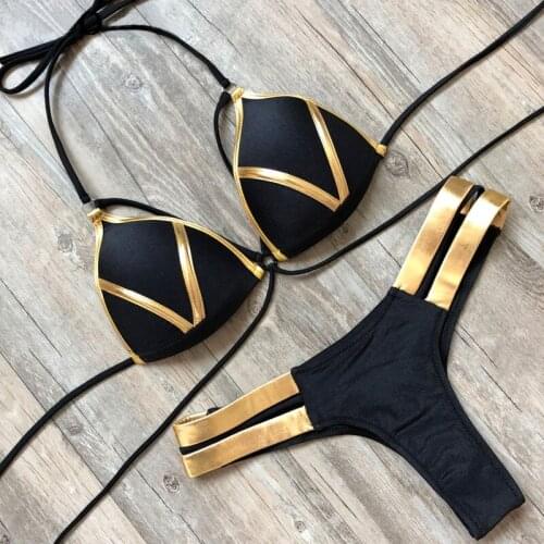 Sexy Gold Shiny Women Halter Bikini Set Solid Sexy Swimsuit Summer Beach Swimwear Women Padded Bandeau Bikini 2021 New Biquini