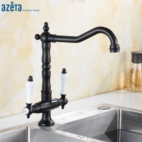 Azeta Black Kitchen Faucet 360 Degree Swivel Kitchen Water Tap Deck Mounted Kitchen Mixer Dual Handle Kitchen Sink Tap MK9924B