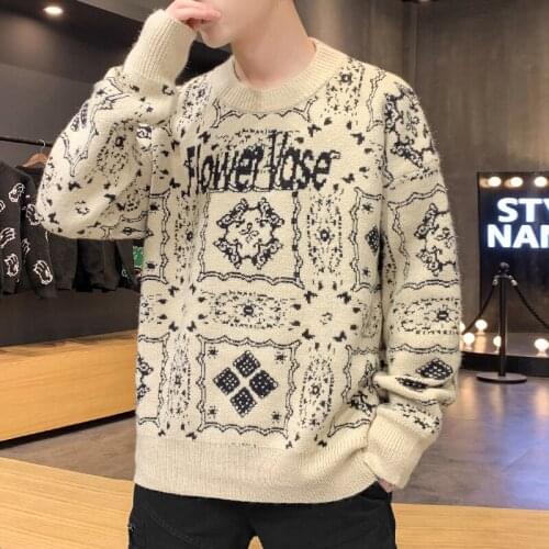 Sweater Men Streetwear Retro Flame Pattern Hip Hop Autumn New Pull Over Spandex O-neck Oversize Couple Casual Mens Sweaters