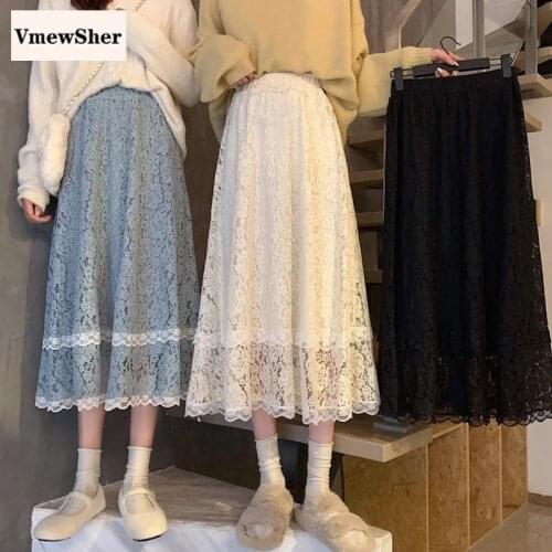 VmewSher New Spring Summer Vintage Lace Women Skirts Mid-calf Length Long Elastic High Waist Lady Elegant Patchwork Solid Skirt