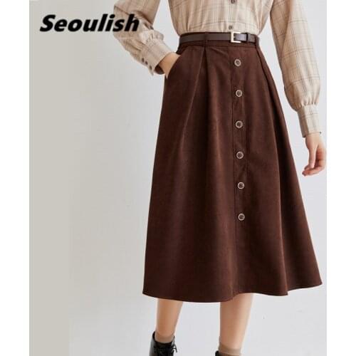 Seoulish 2021 New Autumn Winter Corduroy A-Line Midi Skirts with Belted High Waist Single Breasted Office Female Umbrella Skirts