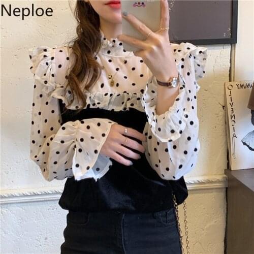 Neploe Women Blouses Patchwork Polka Sweet Ruffles Shirt Tops 2021 Korean Blouse Stand Neck Flare Sleeve Blusas Tops Femme 4H138