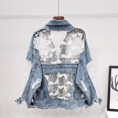 Mesh Embroidery Denim Jacket Women Harajuku Lace Patchwork Casual Sunscreen Clothing Female Spring Summer Streetwear Jeans Coat