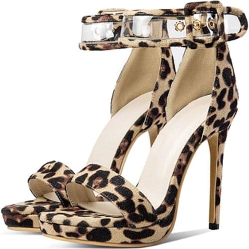 AGODOR women leopard print high heel Platform sandals ladies Stiletto ankle strap open toe summer shoes 32 33 42 43 44 45 46