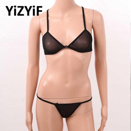 Womens Erotic Bikini Lingerie Set See Through Sheer Mesh Sexy Bikini Set Elastic Back Cross Bra Top with G-String Thong Bikinis