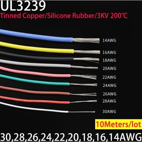 10 Meters UL3239 3KV Flexible Soft Silicone Wire 14/16/18/20/22/24/26/28/30AWG Insulated Tinned Copper Electrical Cable 3000V
