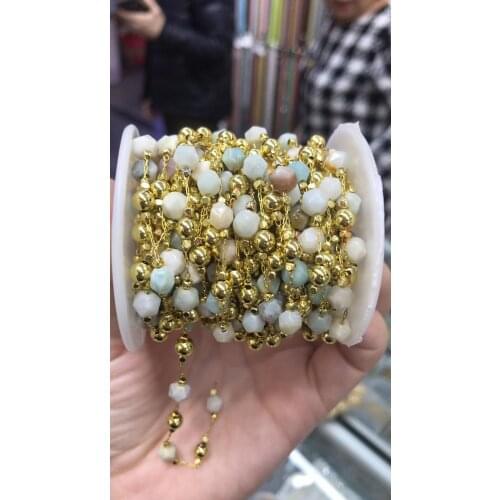 3M/packs Copper semiprecious stone jewelry making chain, green stone gold plated flat gems beads connector findings
