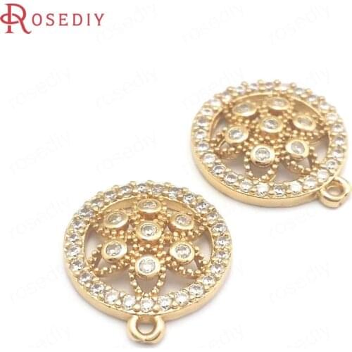 40646)10PCS 24K Champagne Gold Color Brass and Zircon Round Flower Charms Pendants Jewelry Making Supplies Diy Accessories