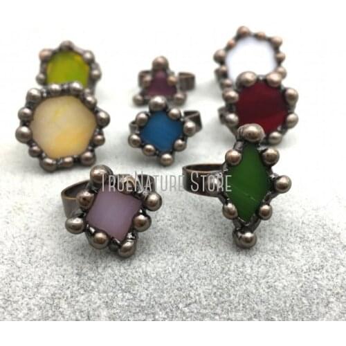 5Pcs RM40000 Jewelry Antique Adjustable Soldering Glass Jewelry Soldered Geometric Antique Bronze Plated Stained Glass Ring