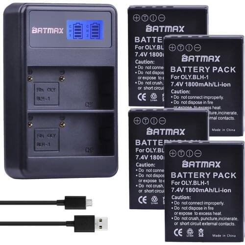 Batmax 4Pcs 1800mAh BLH-1 BLH1 Battery accu + LCD Dual USB Charger for Olympus Digital Battery EM1 MARK II EM1-2 EM1 Mark 2