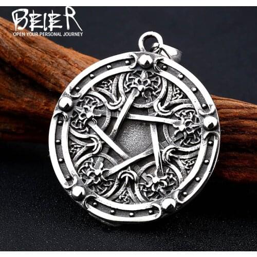 Beier new store Stainless Steel viking pendant necklace Retro mysterious five-pointed star personality pattern pendant LLBP8-347