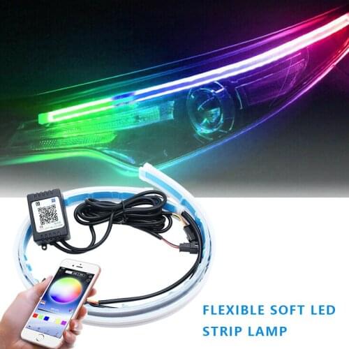 2x Ultrafine DRL 45 60cm Daytime Running Light Flexible Soft Tube Guide Car LED Strip APP control Changeable color Waterproof