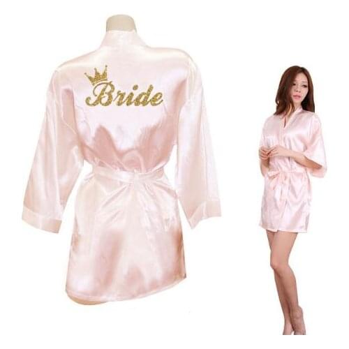Bride Crown Team Bride Golden Glitter Print Kimono Robes Faux Silk Women Bachelorette Wedding Preparewear Free Shipping