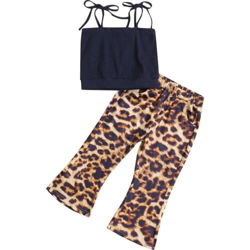 Girls Clothes Set, Solid Color Sleeveless Tie-up Cropped Tops + Leopard Print Flared Trousers 1-6T