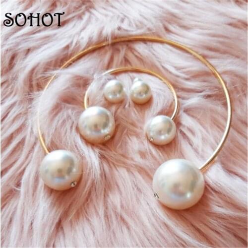 SOHOT Big Circle Alloy Imitation Pearl Women Jewelry Set Minimalist Style Bracelet Earrings Necklace Female Party Jewelry Gift