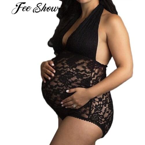 Pregnant Women Lace Lingerie Underwear Maternity Clothes For Shooting Photo Bodysuit Pajamas Floral Deep V Photography Props