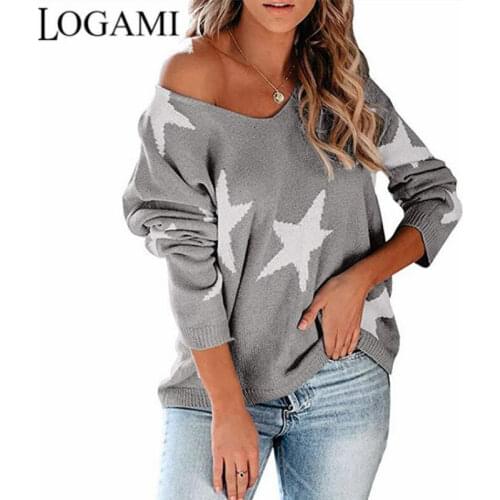 LOGAMI Star Knitted V Neck Sweaters for Women Fashion Autumn Spring Womens Knitted Sweater Pullover Jumper