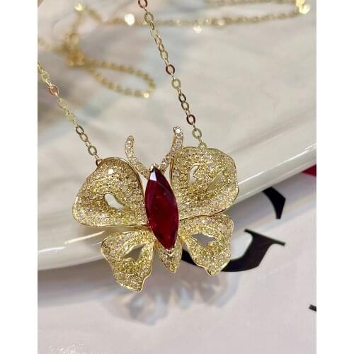 LR Solid 18K Gold Diamond Nature Flower Red Ruby 1.02ct Gemstones Females Classic Diamonds Jewelry Necklaces
