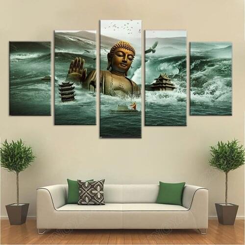 Modular Pictures Home Decor Canvas Wall Art Poster 5 Pieces Submerged In Sea Buddha Statue Painting Living Room HD Printed Frame