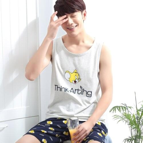 Male summer men pajama sets sleeveless 100% cotton nightgown cartoon pajamas