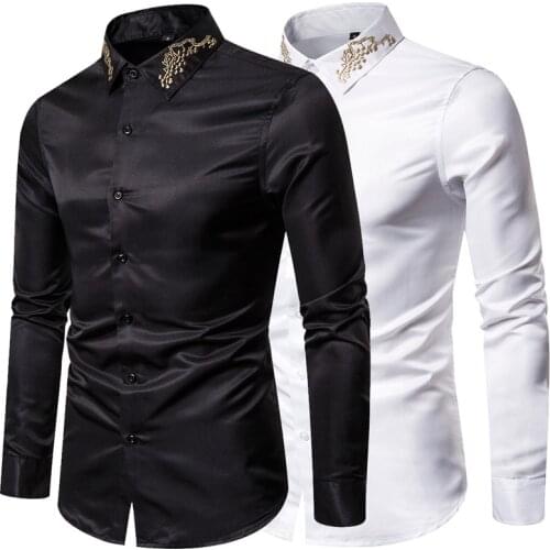 Men Fashion luxury embroidery Long sleeve Slim fit Shirts Turn Down Collar Man Business Casual Work Wedding party Dress Shirts