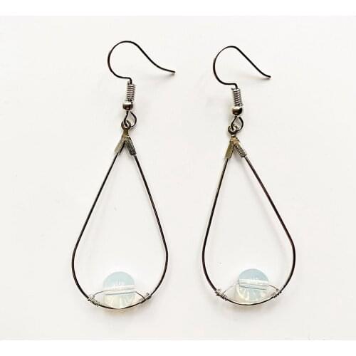 Opalite Stones Crystal 8mm Bead Drop Dangle Earrings Metal Stainless Steel Oval Shaped Geometric Earrings with Hook 1 Pair