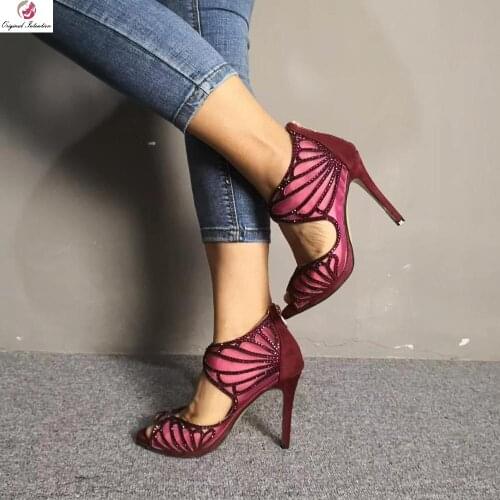 Original Intention Gorgeous Women Sandals Open Toe Slim Heels Butterfly Fashion Wine Red Shoes Woman Plus Size 4-20