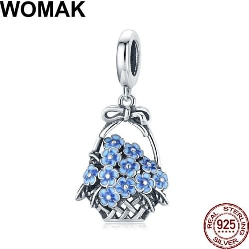 Necklace pendant Flower Basket charm blue enamel beads fit bangle women fine jewelry sterling silver 925 accessories gift making