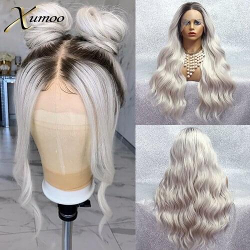 XUMOO Ombre Platinum Blonde Synthetic Lace Front Wig Glueless Long Wave Wig Cosplay Heat Resistant Synthetic Wigs For Women