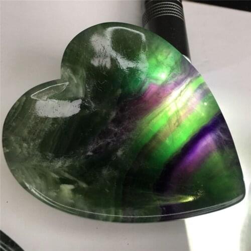 Natural Stone Quartz Rainbow Green Fluorite Heart Bowl Healing Crystal Carved Gemstone Reiki Home Decoration Collection