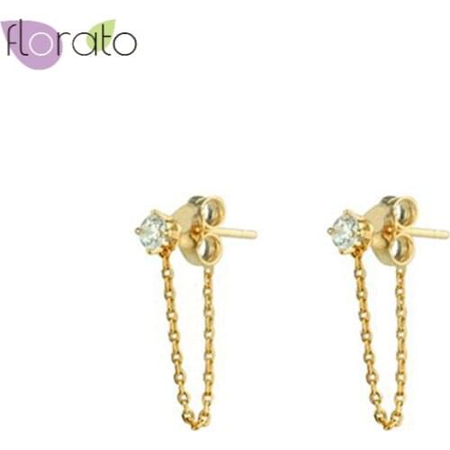 100% 925 Sterling Silver Ear Needle Dangling Chain Earrings for Women Simple Crystal Zircon Cute Stud Earrings Fashion Jewelry