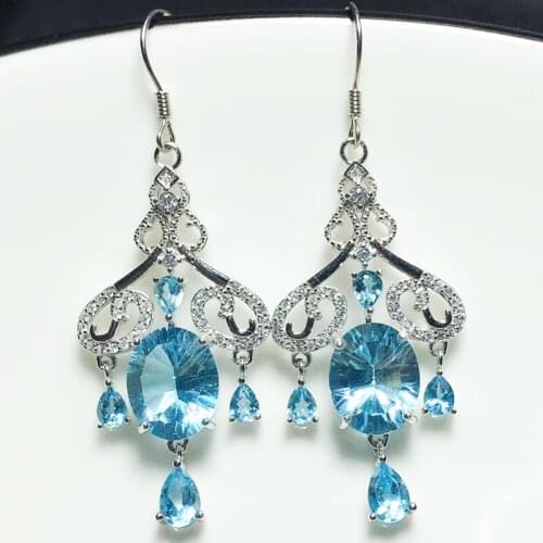 Natural real blue topaz luxury drop earring Free shipping 925 sterling silver 3.5ct*2pcs 0.3ct*6pcs gemstone Fine jewelry T28272